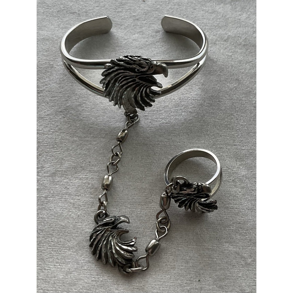vintage 1995 EJC silver-tone diamond-cut pewter eagle slave cuff bracelet